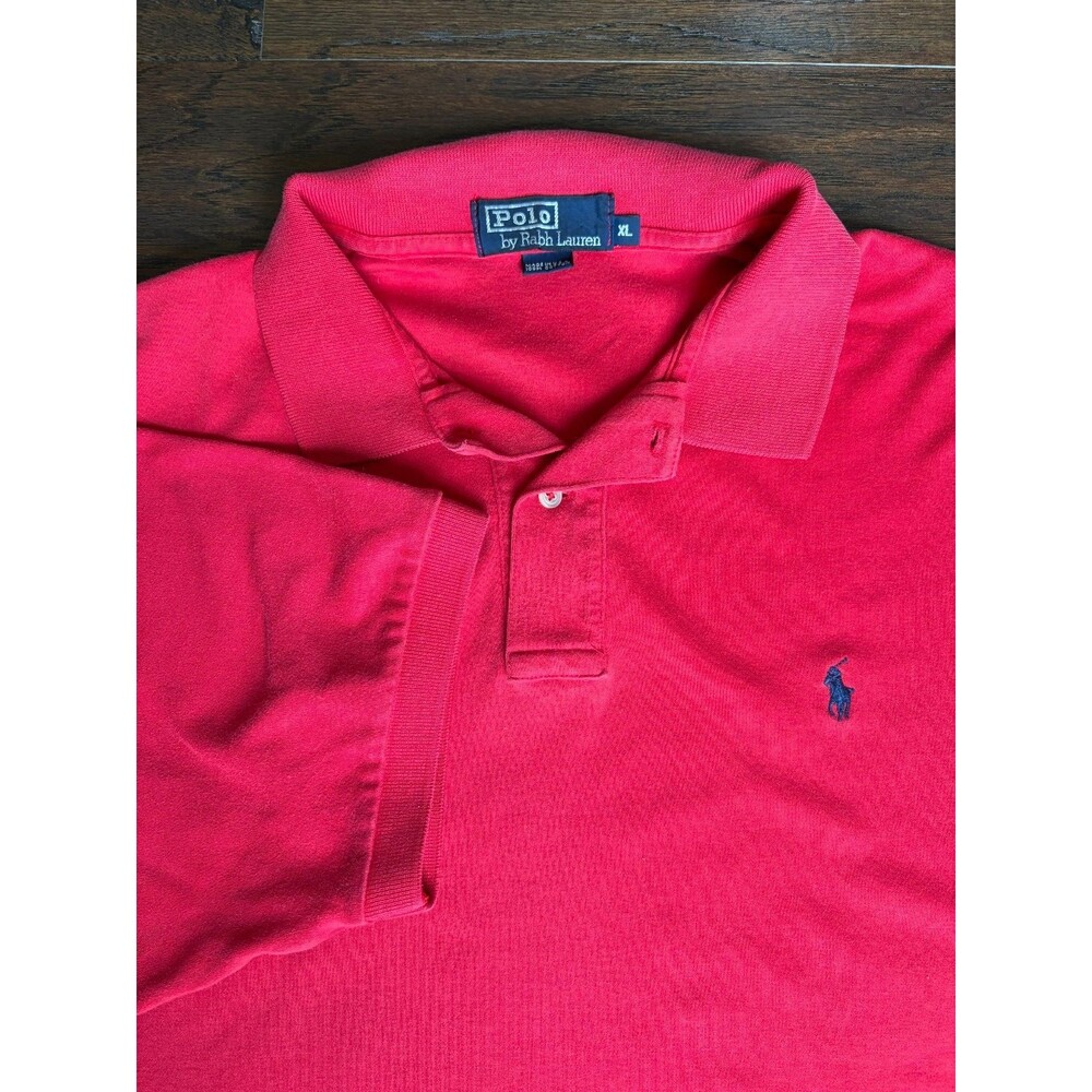 Vintage 90s Polo Ralph Lauren Made in USA Red Mesh Pique Polo Shirt XL Blue Pony